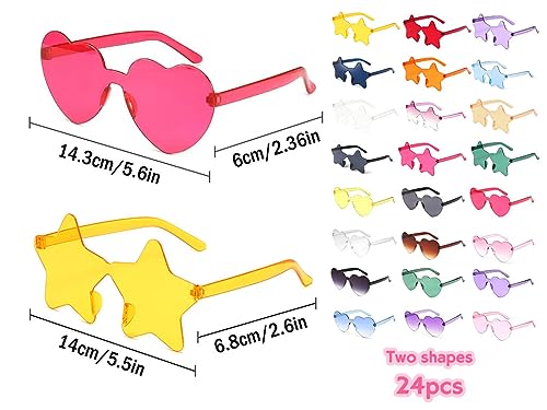 24pc Heart Shaped Sunglasses Set, Rimless Star Shape Sunglasses, Transparent Colorful Frameless Glasses for Party Cosplay2