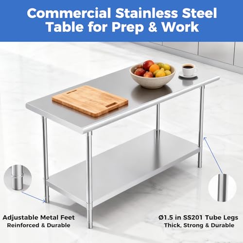 Image of OSTBA Stainless Steel Table for Prep & Work 30x48 Inches, NSF Metal Commercial Heavy Duty Table with Adjustable Undershelf and Adjustable Table Foot for Restaurant Kitchen Home and Hotel