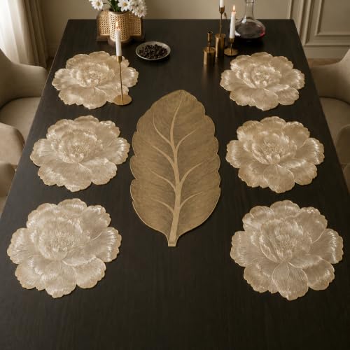 Image of Dakshya Industries PVC Waterproof Round Table Placemats & Table Runner Combo | 6 Round Mats (38 x 38 cm) + 1 Runner (91 x 33 cm) | Heat Resistant, Washable, Non Slip (Luxovia)