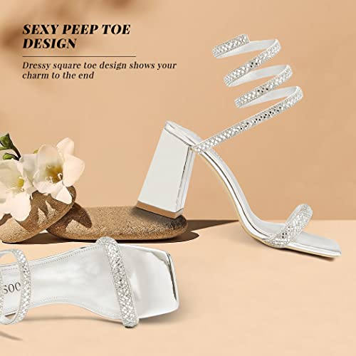 Camssoo Strappy Heels For Women Rhinestone Chunky High Heel Sandals Ankle Strap Square Toe Wedding Evening Party Dress Pumps Shoes #TOP7