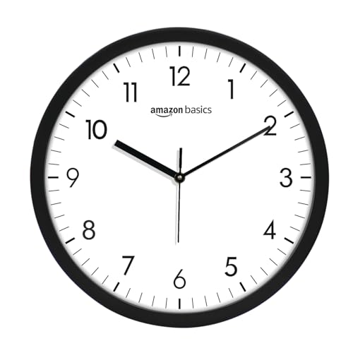 Image of Amazon Basics Plastic 12-Inch Wall Clock | Analog Operation | Durable Polypropylene Construction | Silent Precision | Battery-Powered | 1-Year Warranty (Black)
