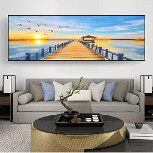 Peinture paysage lac et pont en bois sur toile tendue 45x130