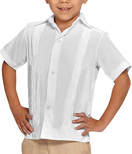 Kids Boys Linen Guayabera Shirts Short Sleeve Button Down Spread Collar Summer Solid Plain Cuban Tops White 10-12 Years