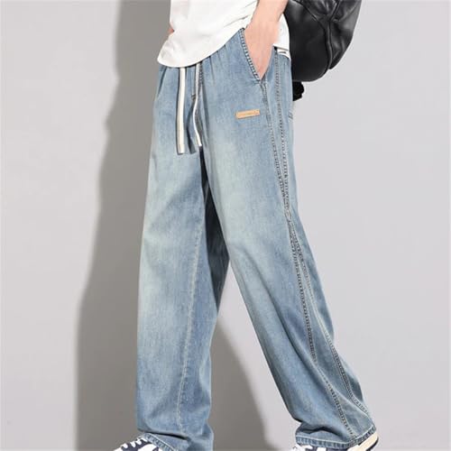 Men's Summer Thin Denim Jeans Loose Fit Stretch Waist Korean Vintage Style Casual Long Pants4