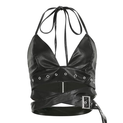 Womens PU Leather Sleeveless Crop Tops Halter Going Out Bustier Y2k Teen Girls Rave Dance Outfits Clothes