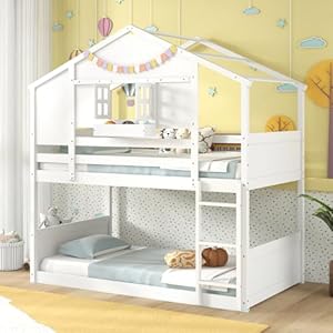 Giantex Bunk Bed Twin Over Twin, Wood House Bed for Kids with Roof, Window Door, Storage Box, Safety Guardrails, Wood Slats & Ladder, Floor Bunk Bed for Junior Boys Girls, No Box Spring Needed, White Giantex Bunk Bed Twin Over Twin Wood House Bed for Kids with Roof Window Door Storage Box Safety Guardrails Wood Slats Ladder Floor Bunk Bed for Junior Boys Girls No Box Spring Needed White