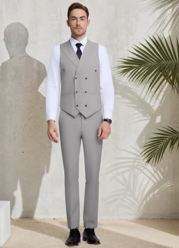 Men’s Suits Vest Peaked Laped Double Breasted Men Vest Pants Set Light Grey Men's 2 Pieces Set Slim Fit Wedding Groomsmen Suit XXL2