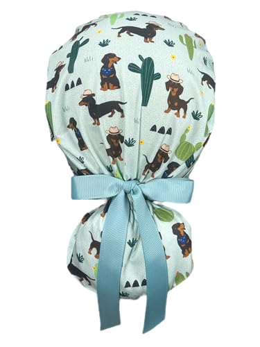 Image of Scrub Cap for Women and Men, Ponytail Scrub Caps, Working Hat, Head Cover with Ribbon Ties and Buttons, Long Hair