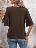 Sialois Women 3/4 Sleeve Vneck Shirt Spring Summer Tops Ruffle Half Bell Fall Vacation Clothe Fashion Blouses Trendy Tshirt Cute Flutter Tunic Business Office Tee Formal Western 2026,Coffee Brown,L