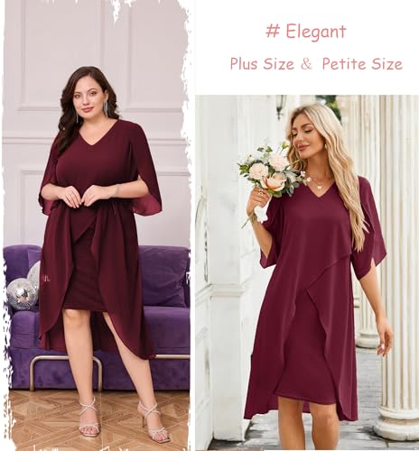 Image of Hanna Nikole Womens Plus Size Chiffon Cocktail Dress Ruffle 3 /4 Sleeve Wedding Guest Party Dresses with High Low Hem