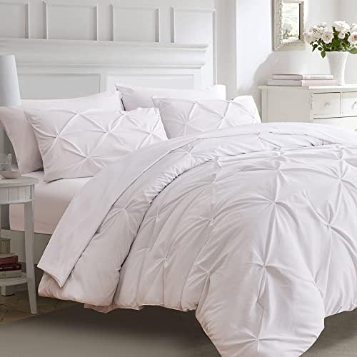 Ubauba Full Size Comforter Set with Sheets-Pinch Pleating 7 Pieces White Bed in a Bag Full Bed Set with Comforters, Sheets, Pillowcases & Shams,Pintuck Bedding Sets,(White,Full)
