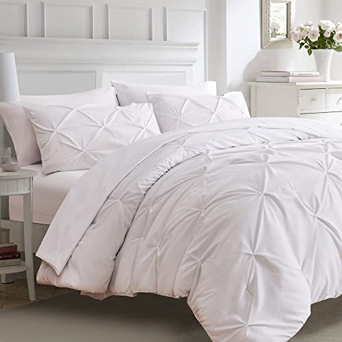 Ubauba Full Size Comforter Set With Sheets-Pinch Pleating 7 Pieces White Bed In A Bag Full Bed Set With Comforters, Sheets, Pillowcases & Shams,Pintuck Bedding Sets,(White,Full) #TOP3