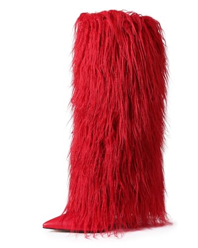 Image of INSMIA Womens Furry Boots Knee High Fold Over Tall Boot Wide Calf Pointed Toe Stiletto High Heel Fall Winter Boots for Women