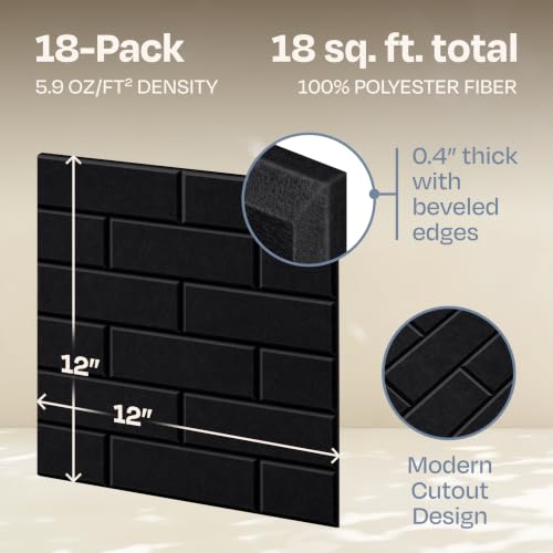 Image of Acoustic Wall Panels 18-Pack, 12 inchx12 inchx0.4 inch Decorative Self-Adhesive Sound Proofing | High Density 3D Brick Soundproof Absorbing Tiles for Walls, Home, Office & Studio - Deep Black