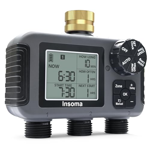 Insoma 3-Zone Sprinkler Timer with Brass Inlet + IPX5 Waterproof | Programmable Auto/Manual Irrigation Mode with Rain Delay & Large LCD | Water Hose Timer 3 Outlets for Garden, Lawn, Yard, Pool