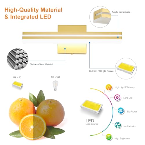 Image of SineRise 16-Inch LED Modern Bathroom Vanity Light Bar, Gold Modern Acrylic Bathroom Wall Lighting Fixtures Over Mirror (Cool White 6000K)