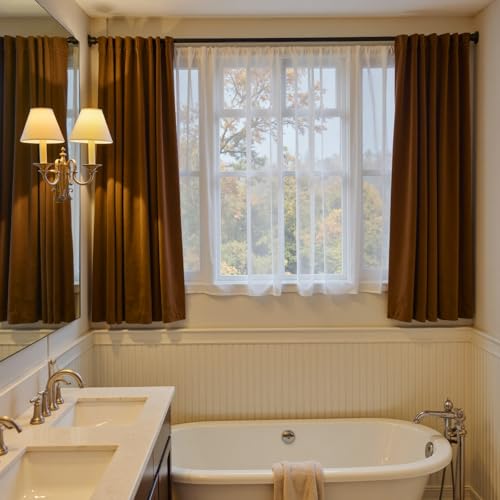 Image of Blackout Golden Brown Velvet Curtains Rod Pocket 52x63 Inch 2 Panels | Soft Velvet, For Small Windows, Kitchens & Bathrooms, Light Shifting Texture, Elegant Luxury Drape, Rich, Rod Pocket