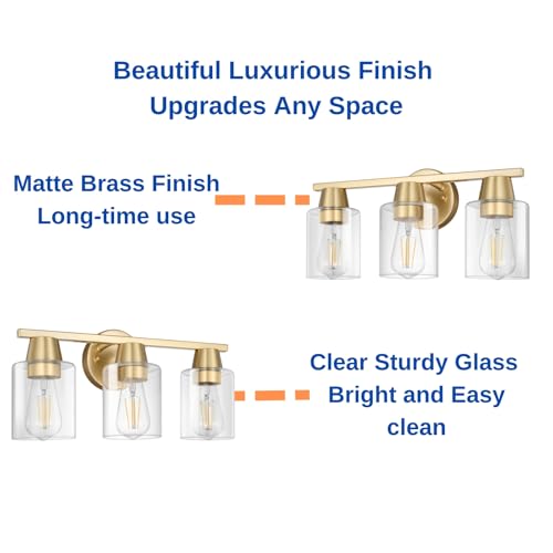 Image of Modern Wall Sconces Lighting with Brass Finished Clear Glass Shade, Matte Gold 3 Vanity Light Over Mirror, Industrial Bathroom Light Fixtures for Living Room Hallway Kitchen Porch E26 Base