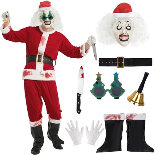 YYSWSAKY Terrifier Kostüm Horror Clown Kostüme Herren Halloween Weihnachtsmann Horror Clown Kostum mit Maske Terrifier Clowns Cosplay für Halloween Karneval (XL/XXL)