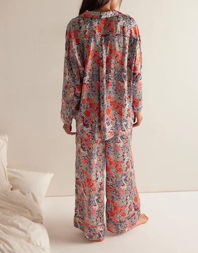 Image of LILTWIST Silk Satin Pajamas Set for Women 2 Piece Floral Pjs Wide Leg Lounge Pants Set Long Sleeve Button down Pj Shirts Set