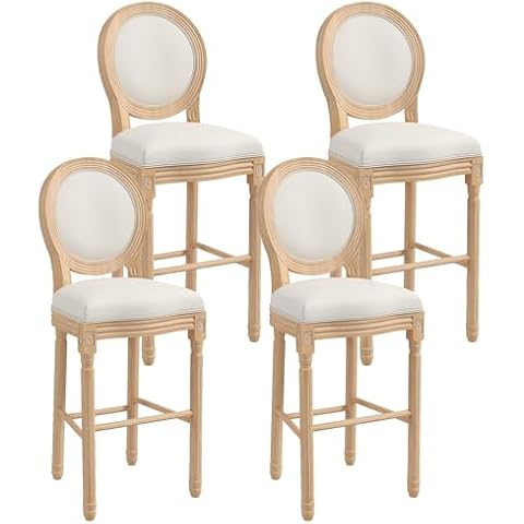 civama French Country Bar Stool Set of 4, Tall Wooden Barstools 30" Seat Height, Armless Stool Chairs with Upholstered Seat and Back, Solid Wood Frame Chairs with Footstand, Beige and Natural Cover
