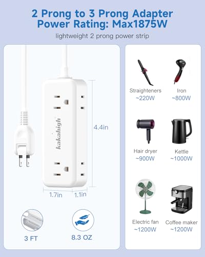 Extensión kakahigh Modelo KUS-769-W-2pin, 3 pies, 15A, 9 tomas, con 5 puertos USB y enchufe tipo A miniatura 6