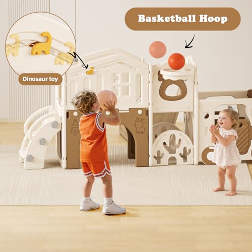 Image of XJD 10 in 1 Toddler Slide, Kids Slide for Toddlers 1-3, Toddler Play Climber Slide Playset with Basketball Hoop and Ball,Toddlers Outdoor Indoor Playground (Brown, Large)
