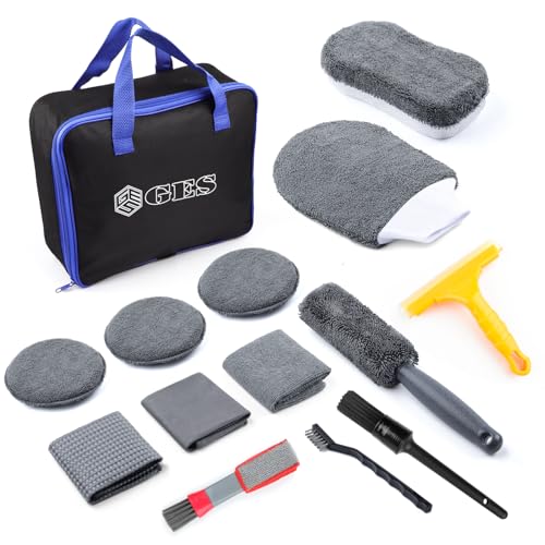 Kit d&rsquo;outils de nettoyage de voiture 12 pièces de qualité supérieure avec gant en microfibre, serviette et brosses – Kit d&rsquo;entretien complet pour roues, intérieur, cuir et extérieur (gris)