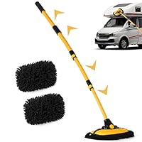 15° Bogen Autowaschbürste mit Stiel 144CM Aluminium Auto Waschbürste mit Teleskopstiel, Kratzerfreie Reinigungsbürste für Auto LKW Wohnwagen SUV Wohnmobil, Teleskop Waschbürste mit 2 Mop-Köpfen