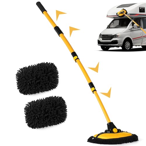 15 Bogen Autowaschbürste mit Stiel 144CM Aluminium Auto Waschbürste mit Teleskopstiel Kratzerfreie Reinigungsbürste für Auto LKW Wohnwagen SUV Wohnmobil Teleskop Waschbürste mit 2 Mop-Köpfen