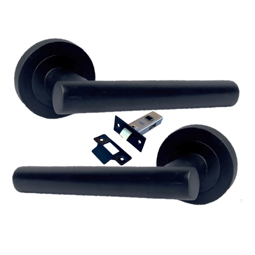 Epsom Door Handle Matt Black Door Handles On Rose – 123Mm Modern Lever With 52Mm Round Rose | Contemporary Interior Handles | Packs & Complete Sets (1 X Pair Of Handles + Tubular Latch)
