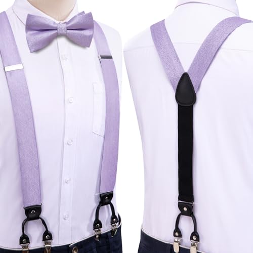 Image of Dubulle Suspender and Bow Tie for Men Paisley Solid Mens Suit Braces Pretied Bowtie and Handkerchief Cufflinks Formal Wedding