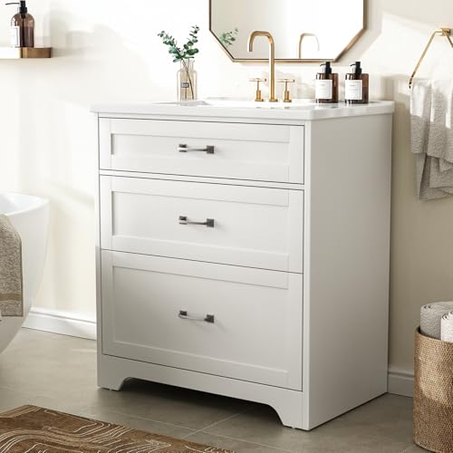 Amada 30″ Bathroom Vanity with Ceramic Sink, Modern Vanity with Storage Cabinet, 1 Tilt-Out Drawer and 2 Drawers, Deep and Sloped Single Sink, Easy Assembly, White