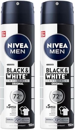 NIVEA MEN Black & White Invisible Antiperspirant Deodorant Spray, Original, 72H Active Protection, 5IN1, Anti-