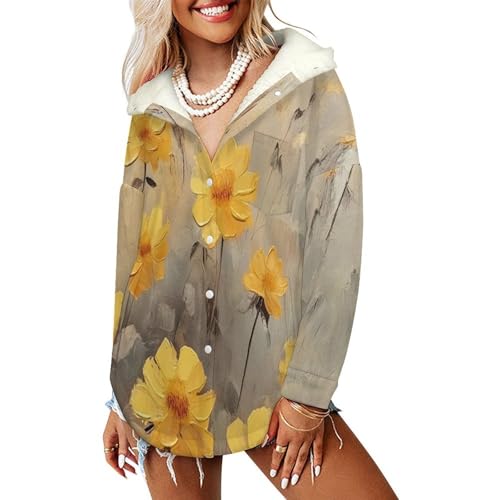 Veste blouson d'hiver imprimé fleurs rétro manteau polaire jaune chaud à capuche