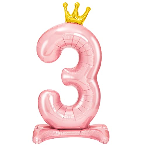 OH YEAH - Balão Número 3 Rosa em Pé - 105 cm - Número com Coroa - Aniversário Infantil - Números 1, 2, 3 - Balões Primeiro Aniversário - Balão Número Gigante - COM BASE