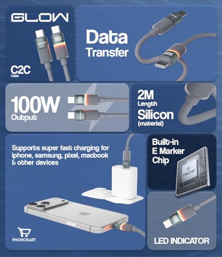 Image of Phonokart Glow 2m 100W 20V 5A C2C Hyper Fast Charging Cable, PD Data Transfer, Warm LED Indicator, Silicone Coated,Build E-Marker Chip, Battery Protect, Supports Car Play & Android Auto