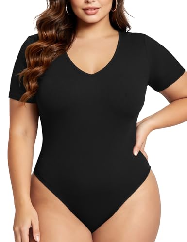 Image of COOTRY Plus Size Short Sleeve Bodysuit For Women V Neck One Piece Body Suit | Breathable Stretch&Lightweight,Basic Slim Fit Shirts Tops,Plus Size Casual Leotards For Dating Travel Daily Outfits