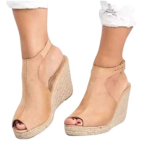 Wedges Shoes, Womens Espadrille Platform Wedge Sandals, Summer Ankle Strappy Peep Toe Slingback High Heel Sandals (Color : Khaki, Size : 8)