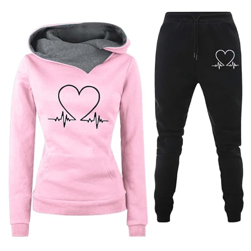 riou 2025 Chándal Mujer Completo Invierno Original, Divertido Estampado Conjunto Ropa de Deportivo 2 Piezas Sudadera con Capucha Manga Larga y Pantalón Jogger para Fitness Jogging S-XXL