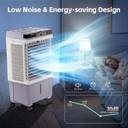 Image of AKIRES 1500CFM Swamp Cooler,Evaporative Air Cooler with 4.7 Gal Water Tank,6 Ice Packs,Evaporative Cooler with 12H Timer,120Oscillation, Windowless Portable Air Conditioners for Indoor,Outdoor