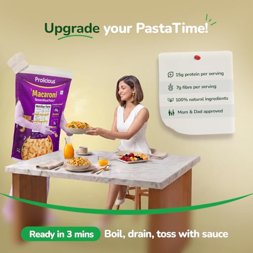 Image of Prolicious Macaroni Pasta | Upgrade Your Pasta Time | 15g Protein + 7g Fibre | Durum Wheat & Peanut Flour | No Maida, Not Fried | 2.6X More Protein | For Masala, White Sauce, Baked & More | 400g