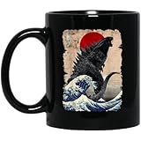 Kaiju Wave Mug β Japanese Monster Meets Hokusai Great Wave with Rising Red Sun and Mount Fuji β 11 Oz Ceramic Coffee Cup Printed on Both Sides β Unique Gift for Anime Fan and Japanese Art Collectors