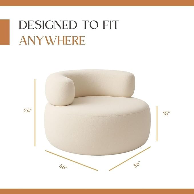 Image of Modern Round Accent Chair, Teal Bookley Fabric, High Density Foam Cushion, Pinewood Frame, Contemporary Style for Living Room Bedroom Office, 36 inchx36 inchx24 (White)