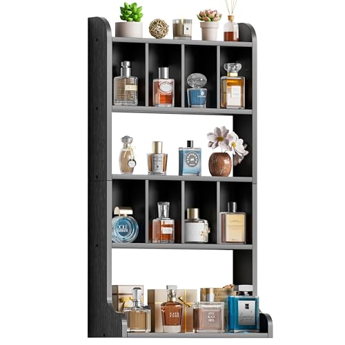 Keebofly Perfume Organizer Wall Mount & Large Cologne Display Case - Wooden Multi-Tier Trinket Shelf for Fragrances Collectibles Figures Miniatures Cosmetics and Shot Glasses Black