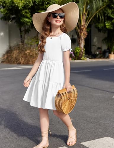 Arshiner Girls Summer Dress Tie Back Short Sleeve Square Neck Tiered Midi Casual Dresses with Pockets4