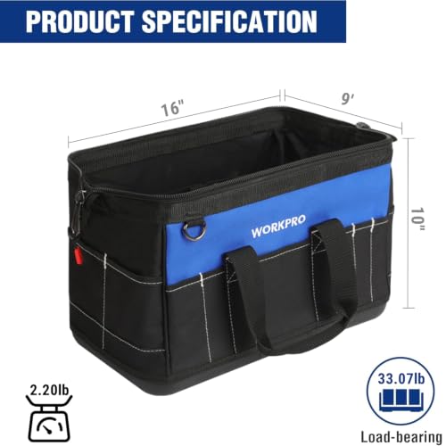 Image of WORKPRO 16-inch Wide Mouth Tool Bag with Water-Proof Molded Base | Multi-Pocket, Heavy Duty Cloth, Adjustable Shoulder Strap, Double-pull Zipper, Suitable for Workshops, Outdoor Projects