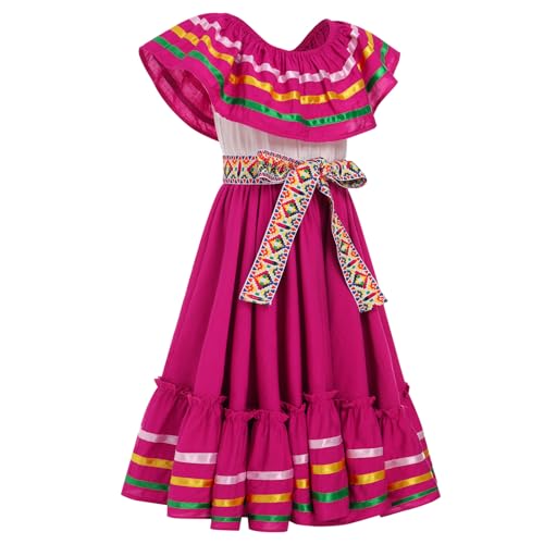 Mexican Dress for Girls Traditional Folk Ruffle Drape Outfit with Belt for Carnival, Halloween Party2