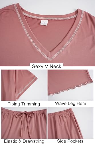 Image of Vozanet Women's Plus Size Pajama Sets Short Sleeve Long Pants Solid Color with Piping Trim Elegant Loungewear Cozy Sleepwear