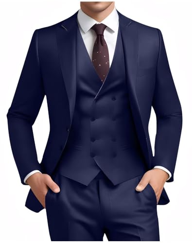Fato para homem, conjunto de 3 peças para casamento, casaco, colete, calças, fatos de smoking para padrinhos de casamento, negócios, graduação, festa, casaco desportivo, Azul Marinho, S